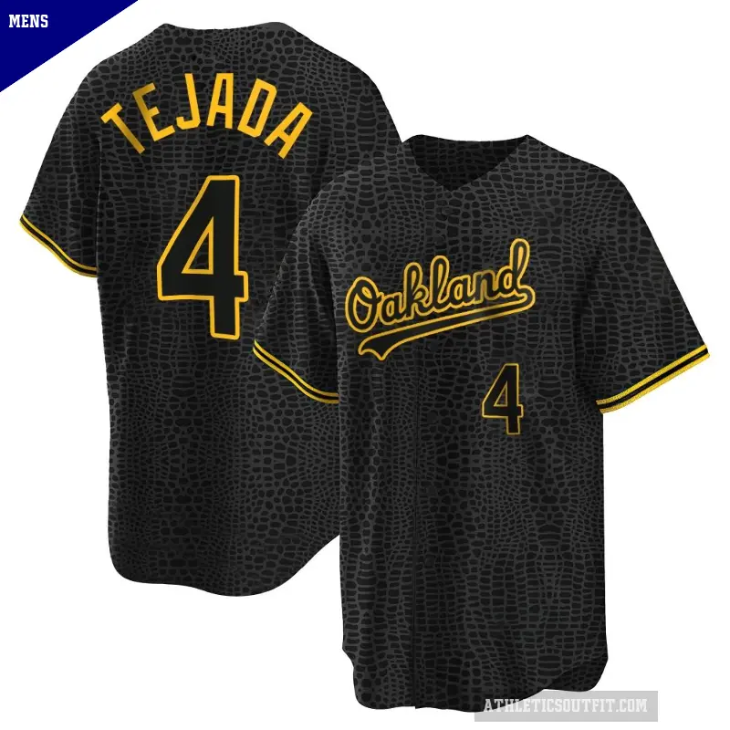 Men's No.4 Miguel Tejada Oakland Athletics Black Replica Snake Skin City Jersey